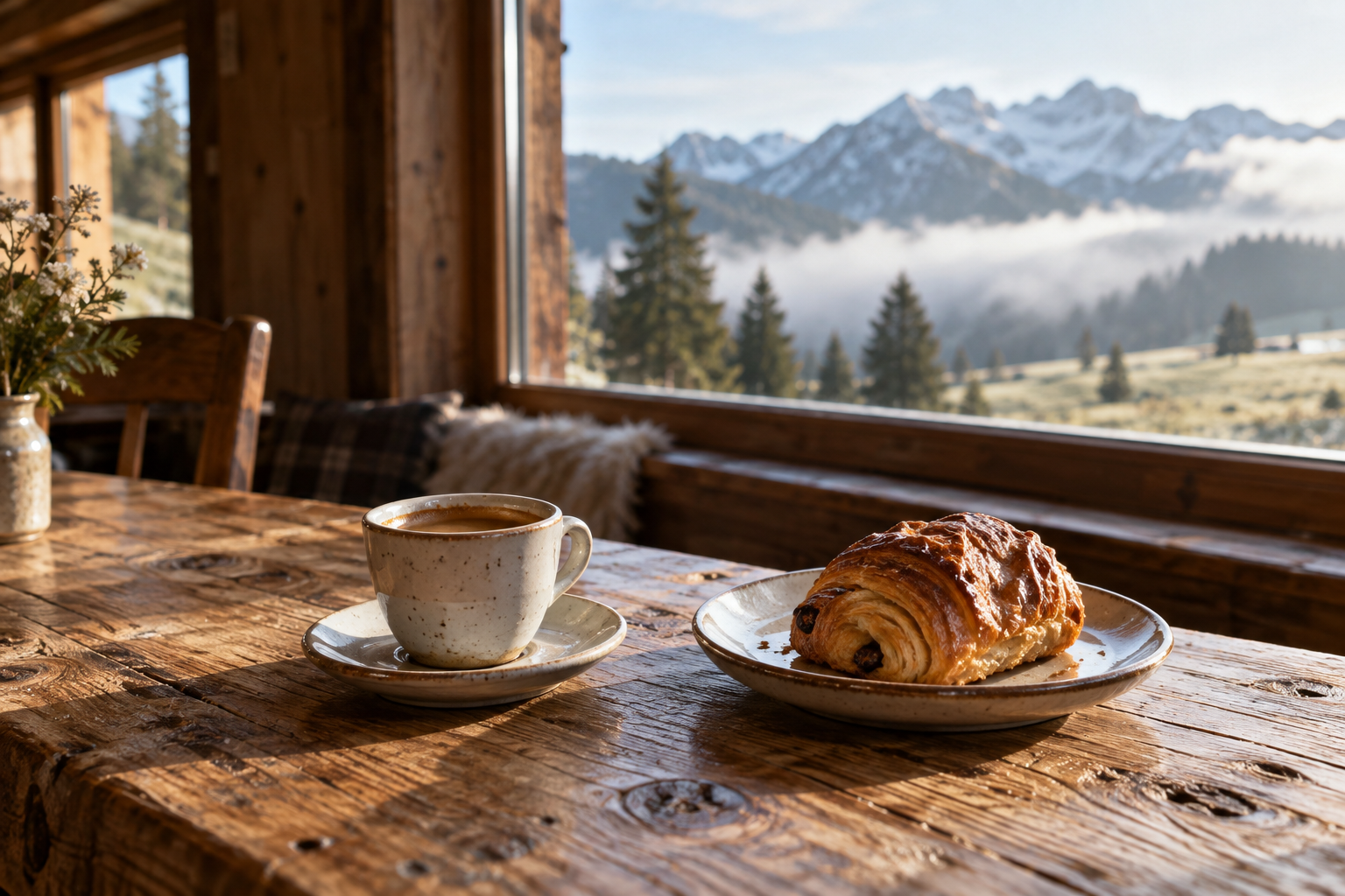 Ambiance de café de montagne avec tasse de café et vue sur les Alpes